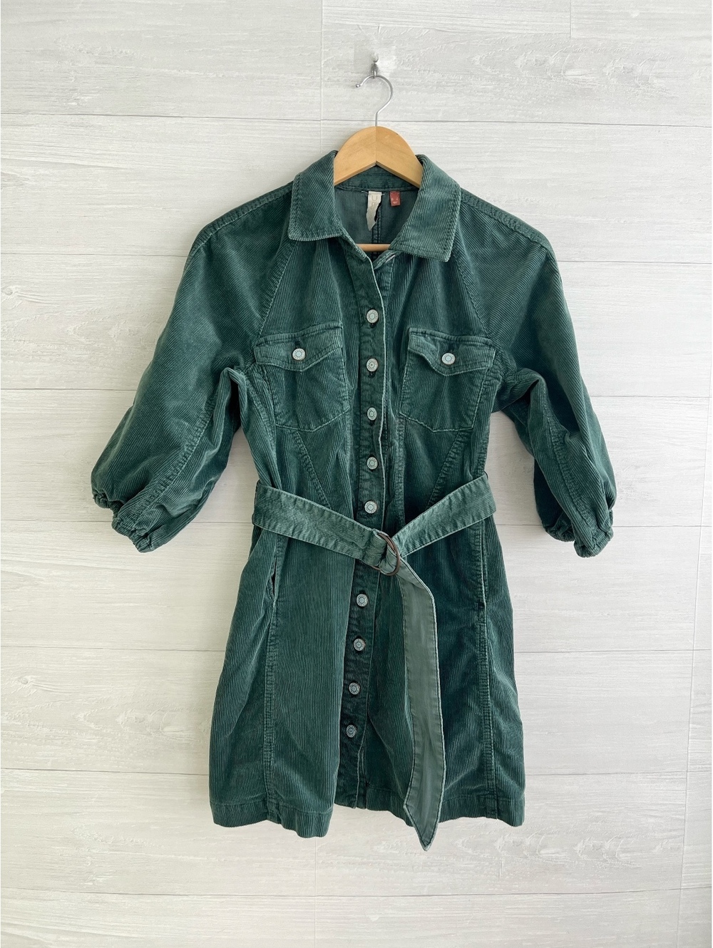 Anthropologie Pilcro Green Corduroy Belted Shirt Dress 0 Puff Sleeve Utility